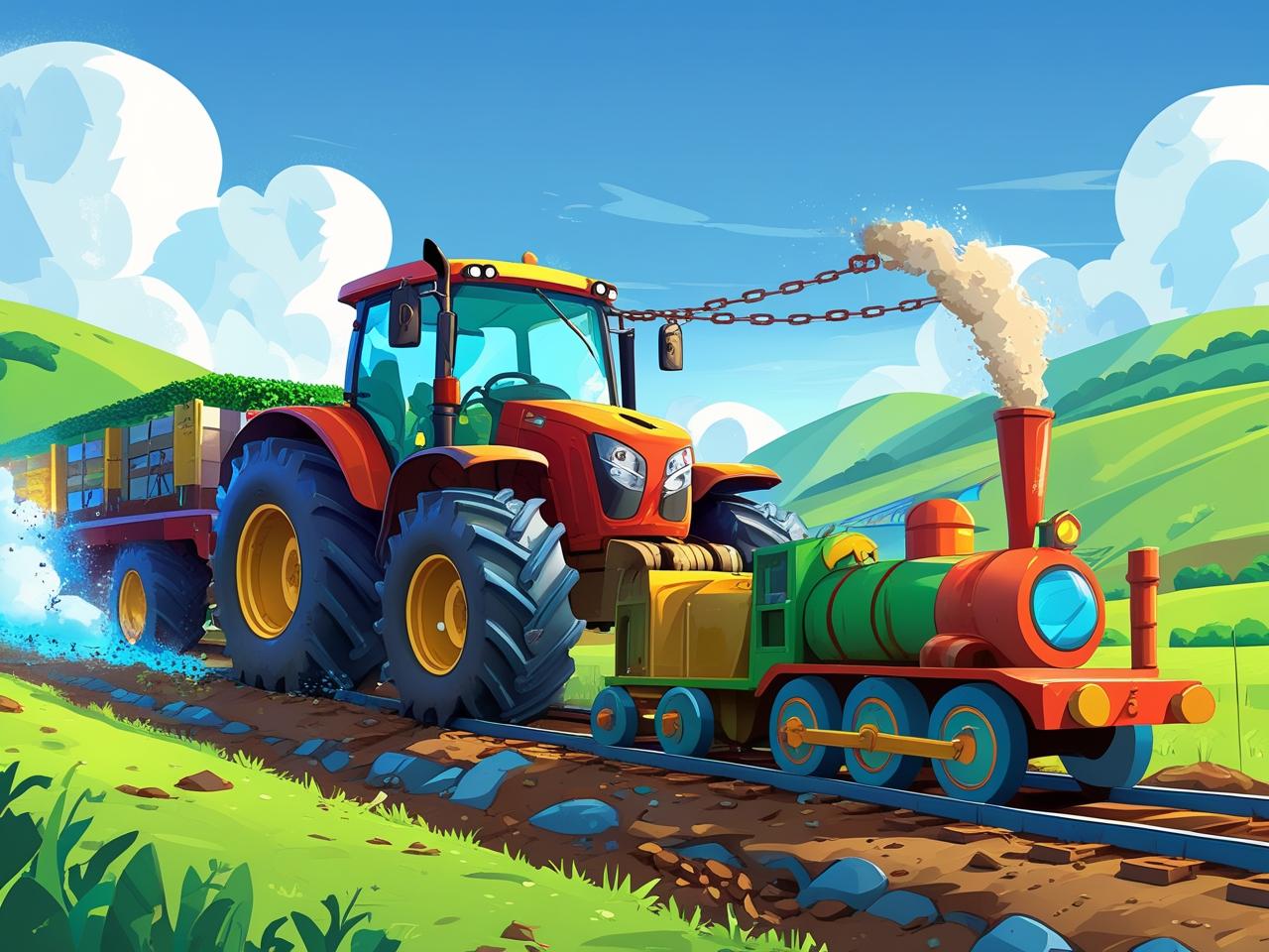 Chained Tractor Towing Train